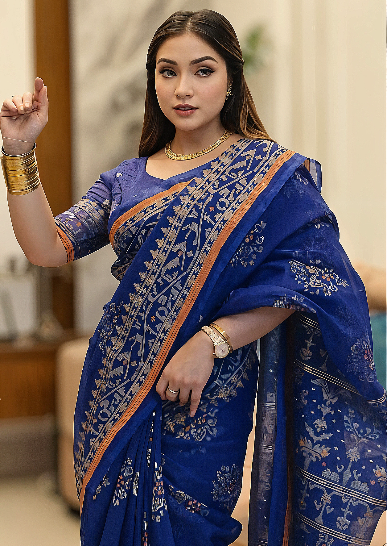 দেশীয় স্কিন প্রিন্ট এর শাড়ি – সুতার কাজের অনন্য সৌন্দর্য! (code-11)