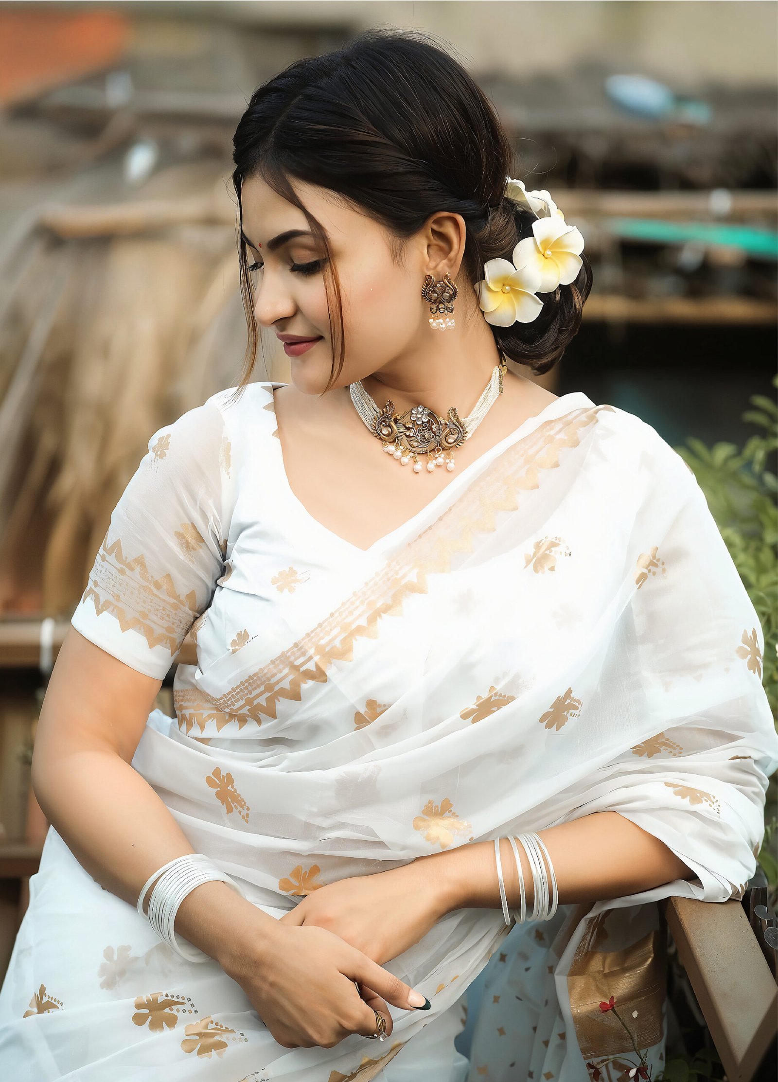 স্কিন প্রিন্ট এর শাড়ি সেমি মসলিন সিল্ক আফসান মেটালিক পার্লওয়ার্ক প্রিন্ট (code-38)