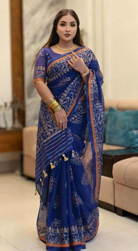 দেশীয় স্কিন প্রিন্ট এর শাড়ি – সুতার কাজের অনন্য সৌন্দর্য! (code-11) - Image 2