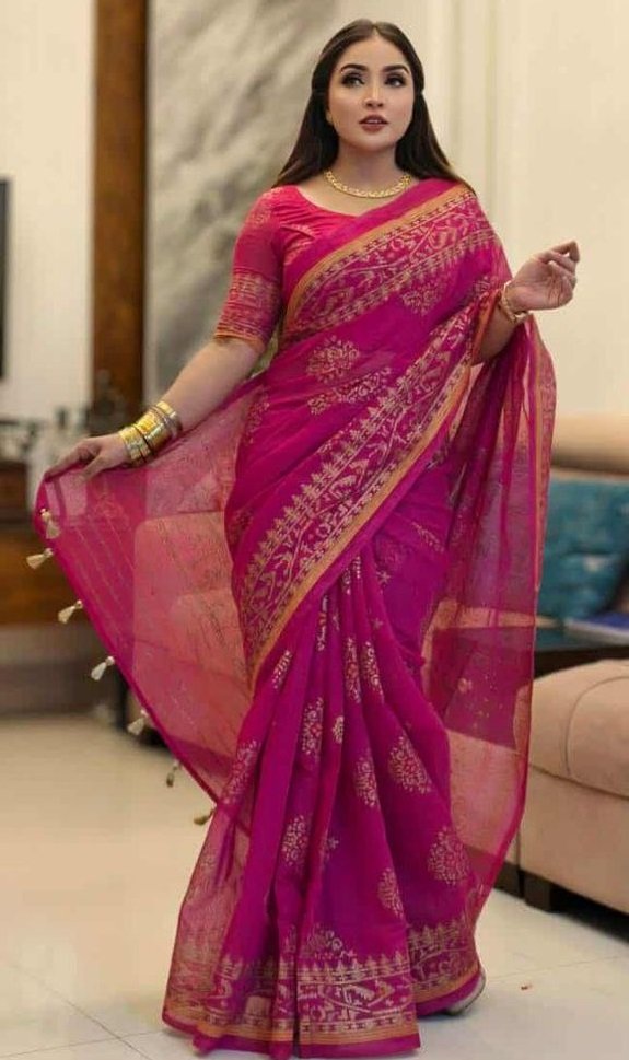 দেশীয় স্কিন প্রিন্ট এর শাড়ি – সুতার কাজের অনন্য সৌন্দর্য! (code-11) - Image 8