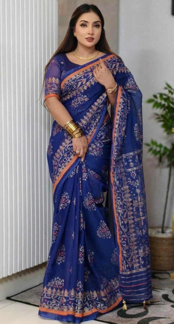 দেশীয় স্কিন প্রিন্ট এর শাড়ি – সুতার কাজের অনন্য সৌন্দর্য! (code-11) - Image 4