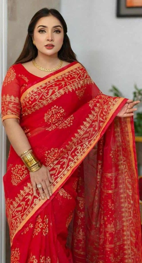 দেশীয় স্কিন প্রিন্ট এর শাড়ি – সুতার কাজের অনন্য সৌন্দর্য! (code-11) - Image 14