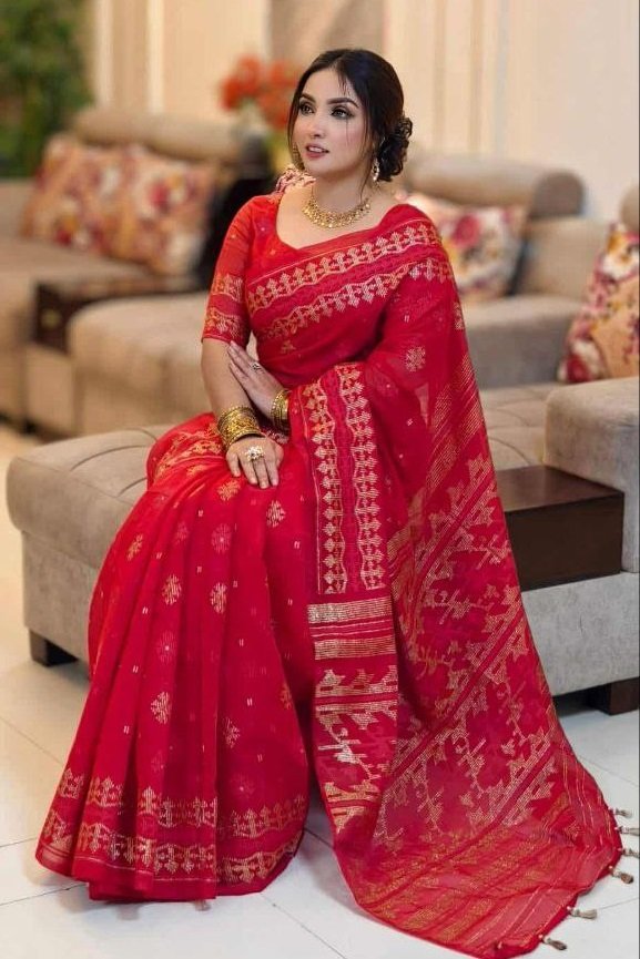 দেশীয় স্কিন প্রিন্ট এর শাড়ি – সুতার কাজের অনন্য সৌন্দর্য! (code-12) - Image 11