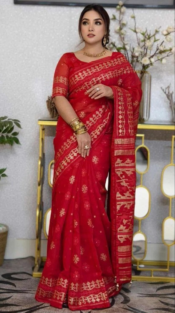 দেশীয় স্কিন প্রিন্ট এর শাড়ি – সুতার কাজের অনন্য সৌন্দর্য! (code-12) - Image 10