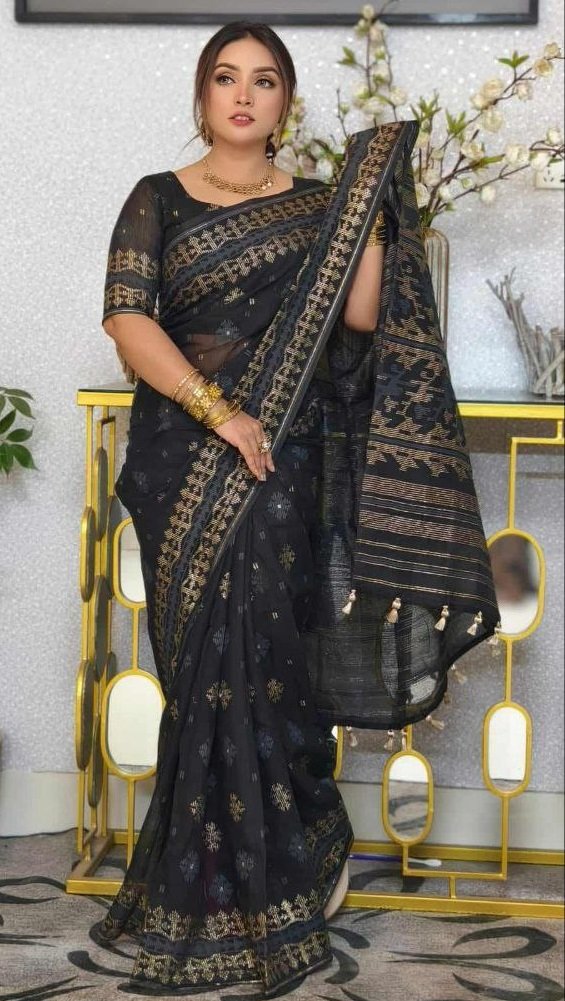 দেশীয় স্কিন প্রিন্ট এর শাড়ি – সুতার কাজের অনন্য সৌন্দর্য! (code-12) - Image 4