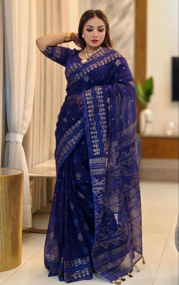 দেশীয় স্কিন প্রিন্ট এর শাড়ি – সুতার কাজের অনন্য সৌন্দর্য! (code-12) - Image 5