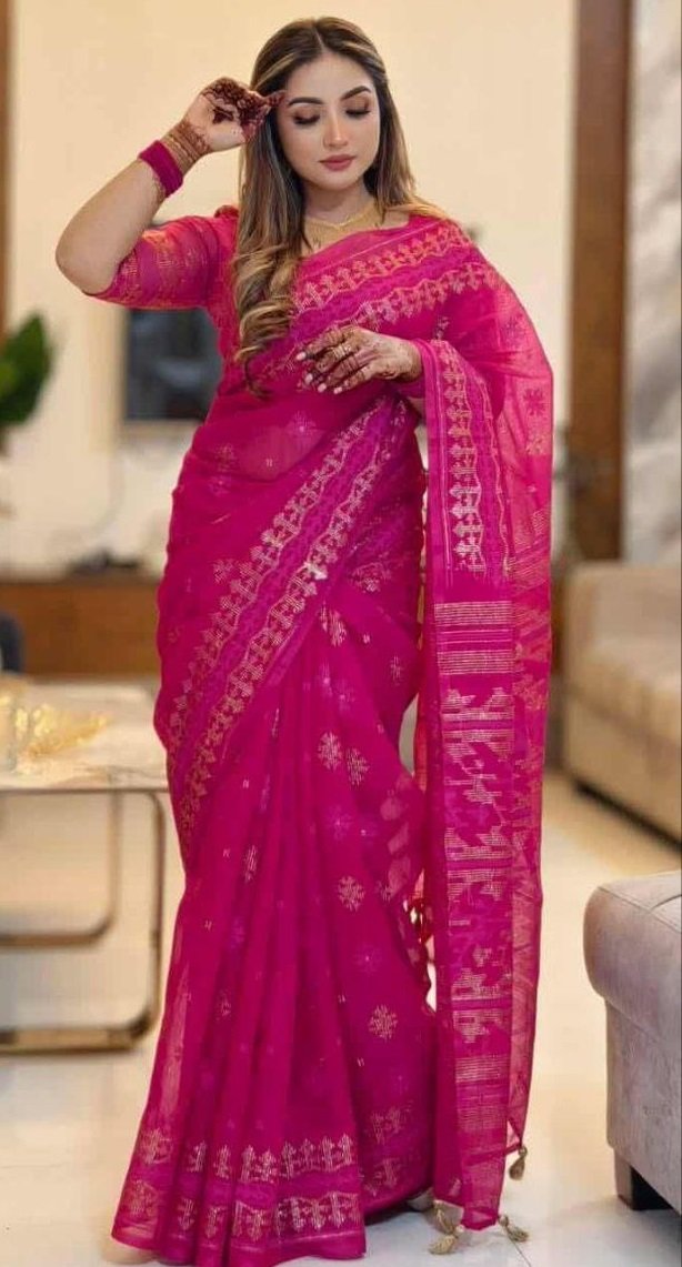 দেশীয় স্কিন প্রিন্ট এর শাড়ি – সুতার কাজের অনন্য সৌন্দর্য! (code-12) - Image 9