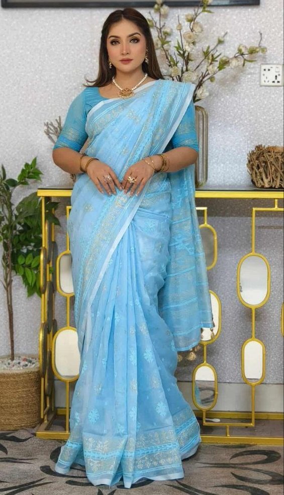 দেশীয় স্কিন প্রিন্ট এর শাড়ি – সুতার কাজের অনন্য সৌন্দর্য! (code-12) - Image 19