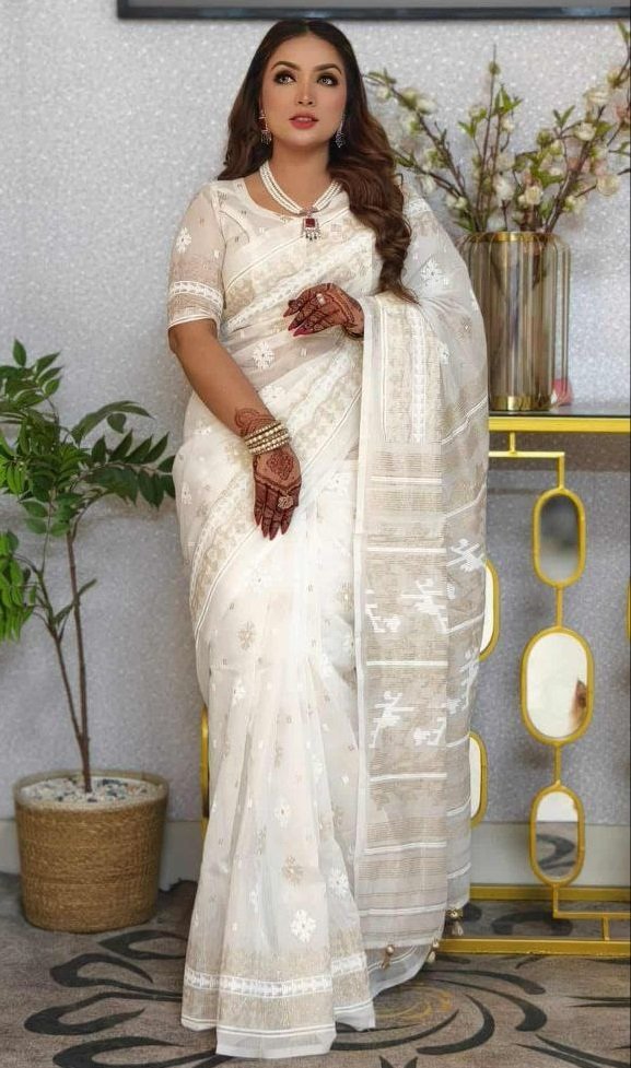 দেশীয় স্কিন প্রিন্ট এর শাড়ি – সুতার কাজের অনন্য সৌন্দর্য! (code-12) - Image 14