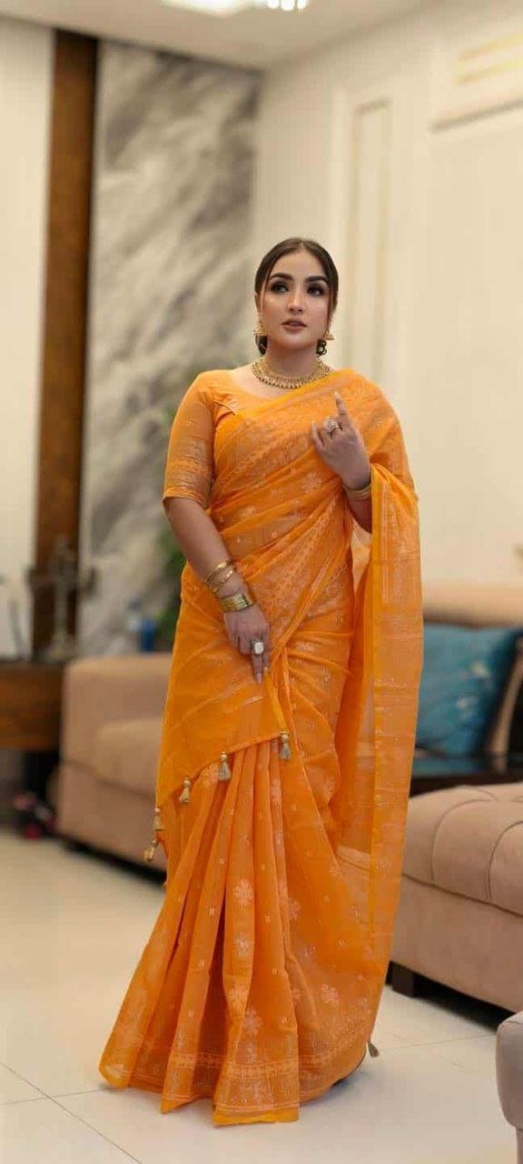 দেশীয় স্কিন প্রিন্ট এর শাড়ি – সুতার কাজের অনন্য সৌন্দর্য! (code-15) - Image 3