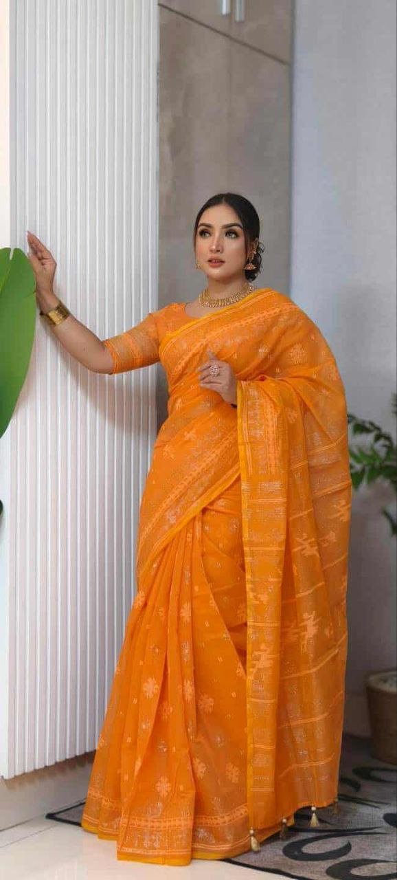 দেশীয় স্কিন প্রিন্ট এর শাড়ি – সুতার কাজের অনন্য সৌন্দর্য! (code-15) - Image 4