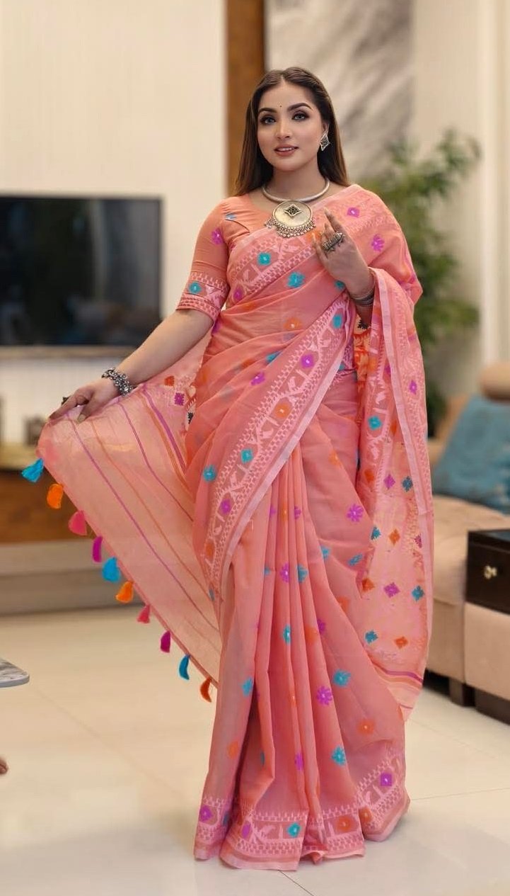 প্রিমিয়াম কোয়ালিটির জামদানী মোটিভ হাফ সিল্ক স্কিন প্রিন্ট শাড়ি + ব্লাউজ পিচ সহ (code-39) - Image 13