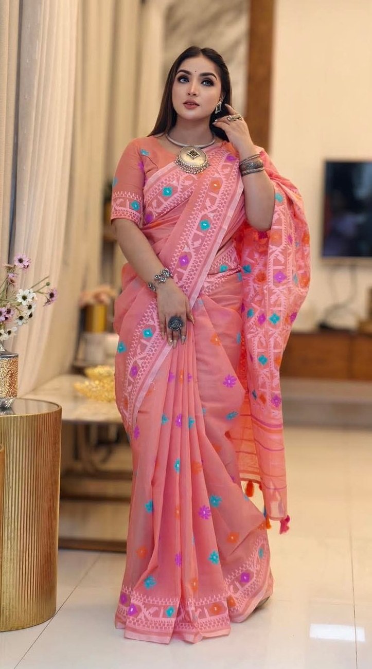 প্রিমিয়াম কোয়ালিটির জামদানী মোটিভ হাফ সিল্ক স্কিন প্রিন্ট শাড়ি + ব্লাউজ পিচ সহ (code-39) - Image 12