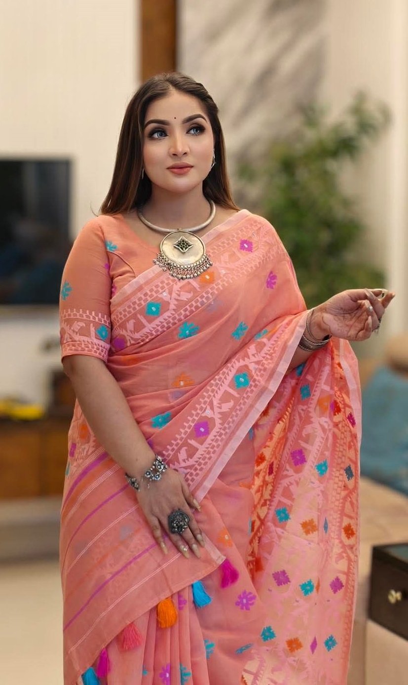 প্রিমিয়াম কোয়ালিটির জামদানী মোটিভ হাফ সিল্ক স্কিন প্রিন্ট শাড়ি + ব্লাউজ পিচ সহ (code-39) - Image 10