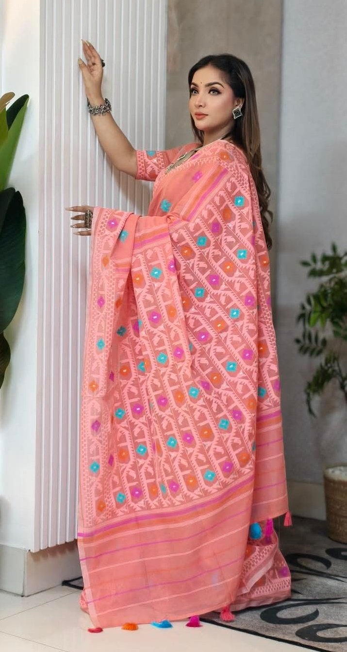 প্রিমিয়াম কোয়ালিটির জামদানী মোটিভ হাফ সিল্ক স্কিন প্রিন্ট শাড়ি + ব্লাউজ পিচ সহ (code-39) - Image 14